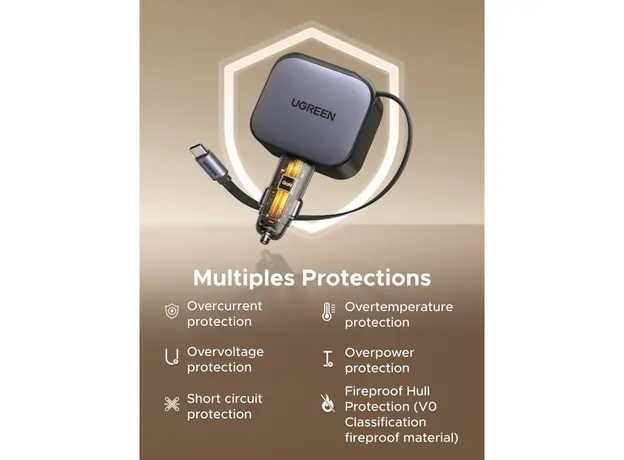 მანქანის დამტენი UGREEN EC604 (55910B) Nexode, 145W, Car Charger With Retractable Type-C Cable, Grey, 5 image