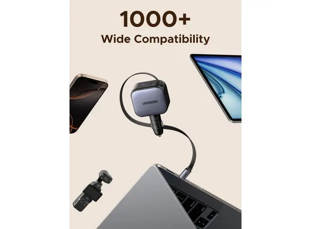 მანქანის დამტენი UGREEN EC604 (55910B) Nexode, 145W, Car Charger With Retractable Type-C Cable, Grey, 4 image
