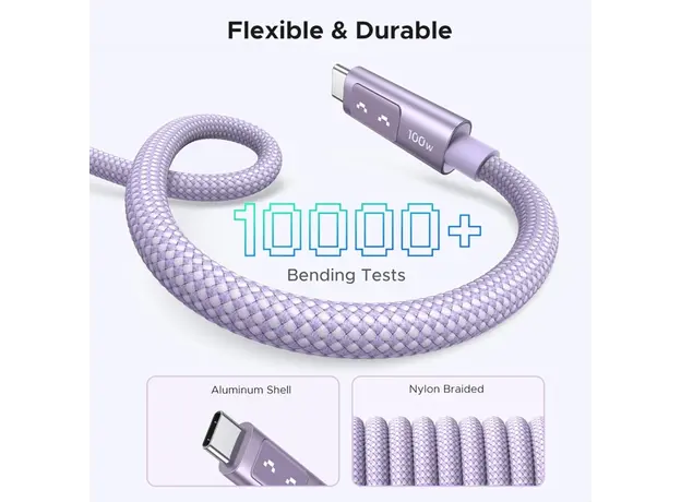 USB კაბელი UGREEN Uno L509 (65092), 100W, Type-C to Type-C Fast Charging Cable, 1M, Purple, 3 image