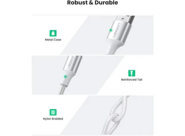 USB კაბელი UGREEN US288 (60131), USB-A 2.0 to Type-C Cable Nickel Plating Aluminum Braid, 1m, White, 3 image