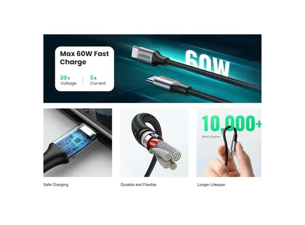 კაბელი Ugreen USB 2.0 C M/M Round Cable 2m Gray Black/50152, 3 image