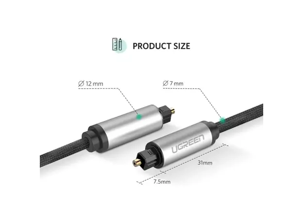 ოპტიკური აუდიო კაბელი UGREEN AV108 (10542), Toslink Optical Audio Cable, 1.5m, Black/Silver, 3 image