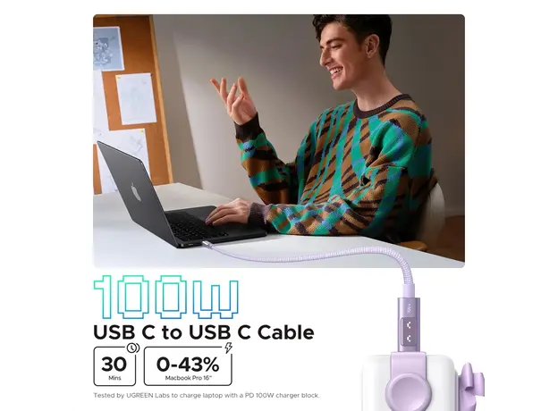 USB კაბელი UGREEN Uno L509 (65216), 100W, Type-C to Type-C Fast Charging Cable, 2M, Purple, 4 image