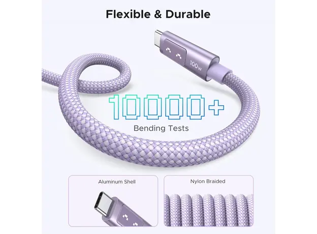 USB კაბელი UGREEN Uno L509 (65216), 100W, Type-C to Type-C Fast Charging Cable, 2M, Purple, 3 image