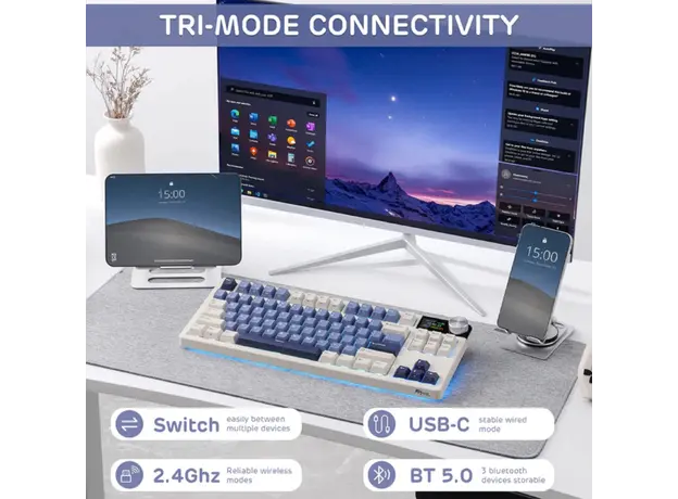 კლავიატურა Royal Kludge RK S85 RGB Mechanical Keyboard, Cloud switch, Hot Swappable, Wireless, Type-C, Bluetooth, 2.4GHz, Horizon Blue, 2 image