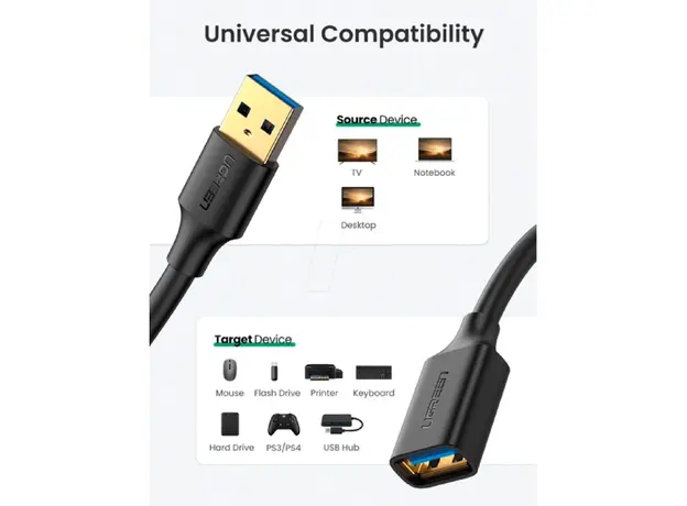 USB დამაგრძელებელი UGREEN US129 (30127), USB 3.0 Male to USB Female, Extension Male Cable, 3m, Black, 4 image