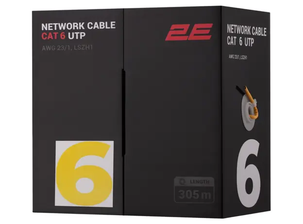 ქსელის კაბელი 2E CAT 6 UTP, 305m, AWG 23/1, LSZH-1 305M/Easy pull box packing | yellow