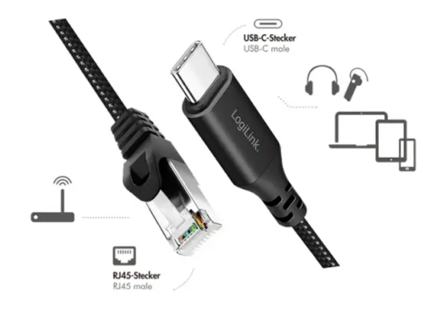 კაბელი Logilink CU0412 USB-C 3.2 to RJ45 (CAT6) Ethernet Cable Adapter 2m, 3 image