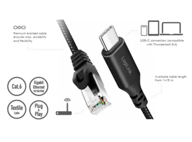 კაბელი Logilink CU0412 USB-C 3.2 to RJ45 (CAT6) Ethernet Cable Adapter 2m, 2 image