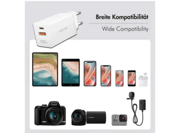 დამტენი Logilink PA0371 1xUSB-C (PD) &amp; 1xUSB-A (QC) GaN Fast Charger 65W White, 2 image