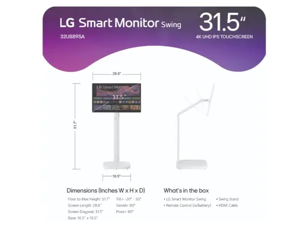 მონიტორი LG 32U889SA-W.AMA 32 Inch 4K 3840 x 2160 IPS 350 cd/m² 60Hz Touchscreen Smart Monitor Swing with Rolling Stand White, 6 image