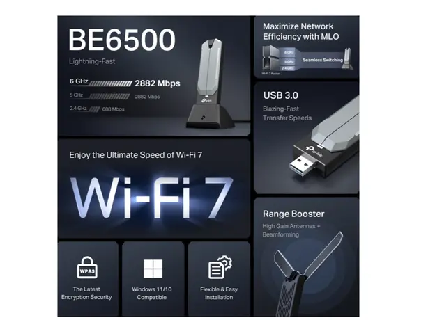 უსადენო ადაპტერი TP-Link Archer TBE400UH BE6500 WiFi 7 Dongle High Gain USB WiFi Adapter, 6 image