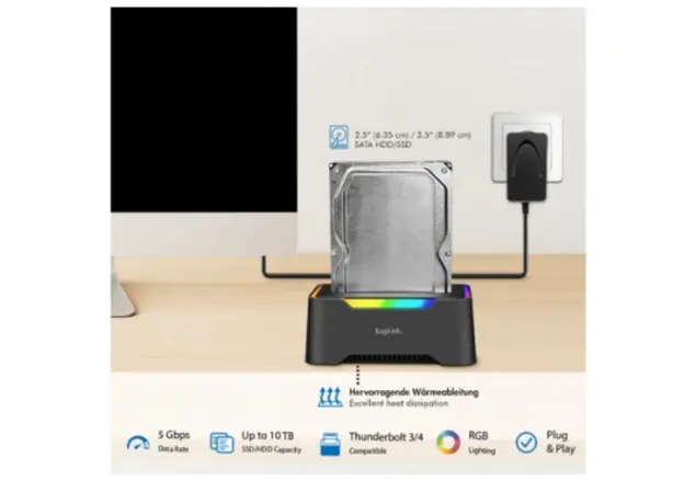 დოქ სადგური Logilink QP0035 USB-C 3.2 Gen 1 2.5" &amp; 3.5" SATA HDD/SSD RGB Docking station Black, 5 image