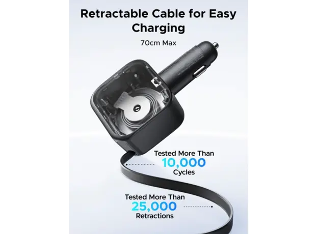 მანქანის დამტენი UGREEN EC602 (55212B) Nexode, 60W, Car Charger With Retractable Type-C Cable, Grey, 2 image