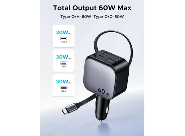მანქანის დამტენი UGREEN EC602 (55212B) Nexode, 60W, Car Charger With Retractable Type-C Cable, Grey, 3 image