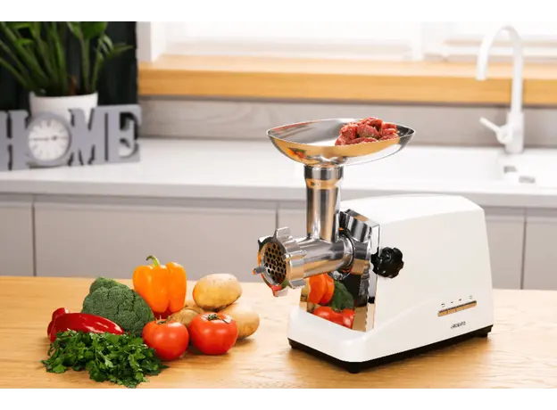 ხორცსაკეპი მანქანა ARDESTO Meat grinder , 1750W, 2kg/min, 3 cutting plates, sausages nozzle, 4 veg.slicer,  plastik, white-silver, 7 image