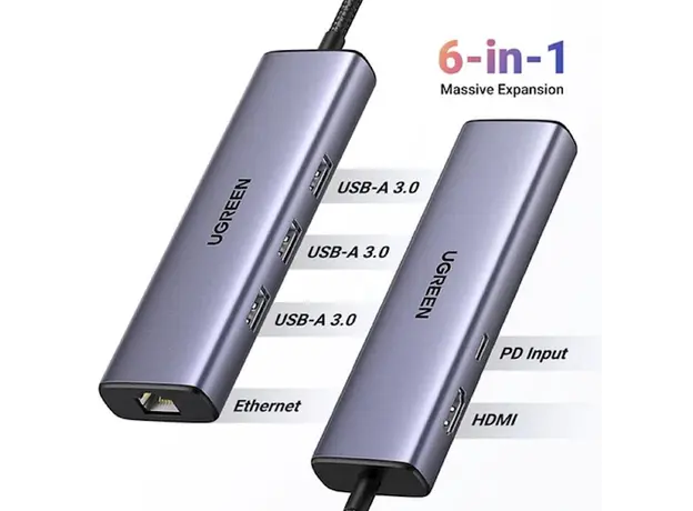 USB-C ჰაბი UGREEN CM512 (15598), Type-C, USB, HDMI, Lan, PD, Hub, Grey, 2 image