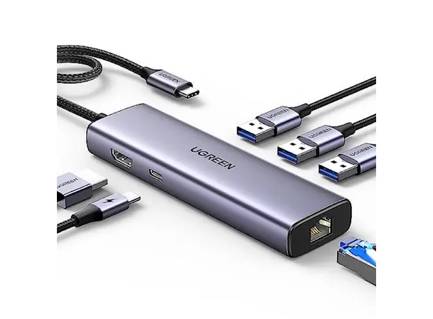 USB-C ჰაბი UGREEN CM512 (15598), Type-C, USB, HDMI, Lan, PD, Hub, Grey