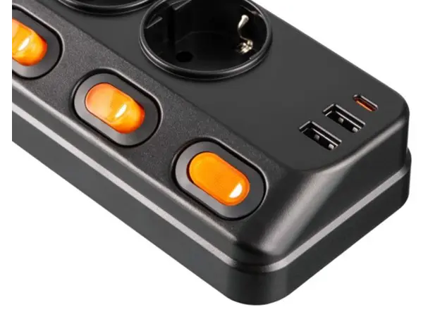 დენის გამანაწილებელი 2E Power strip with surge protection, 3m, 6xTypeF, 16A, 2xUSB-A, 1xUSB-C, black, 3 image