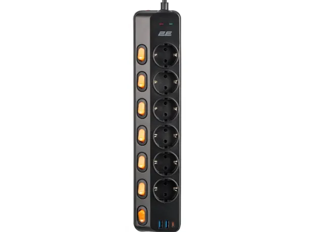 დენის გამანაწილებელი 2E Power strip with surge protection, 3m, 6xTypeF, 16A, 2xUSB-A, 1xUSB-C, black, 4 image