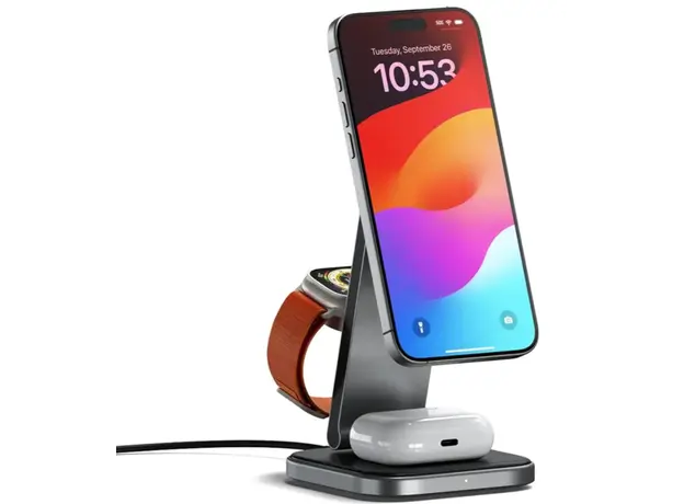 პორტატული დამტენი SATECHI 3-in-1 Foldable Qi2 Wireless Charging Stand (Space Gray) with Type A,C,G plugs, 2 image
