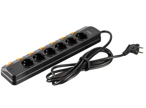 დენის გამანაწილებელი 2E Power strip with surge protection, 3m, 6xTypeF, 16A, 2xUSB-A, 1xUSB-C, black