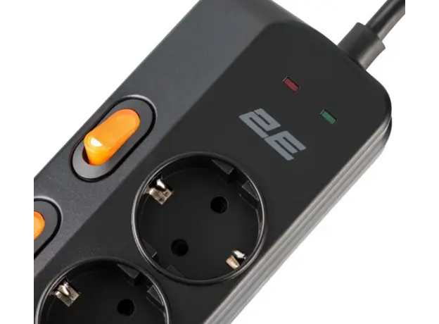დენის გამანაწილებელი 2E Power strip with surge protection, 3m, 6xTypeF, 16A, 2xUSB-A, 1xUSB-C, black, 2 image
