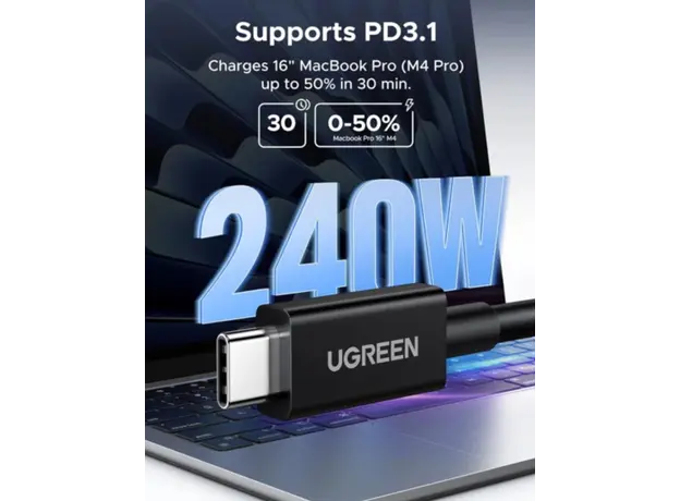 ვიდეო კაბელი UGREEN L703 (45996), 240W, Type-C Thunderbolt 5 Cable, 1m, Black, 2 image