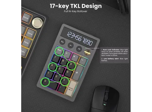 Royal Kludge RKM20-PT-YXZ RGB Mechanical Numpad, Violet Switch, Hot Swappable, Wireless, Type-C, Bluetooth, 2.4GHz, Phantom, 3 image