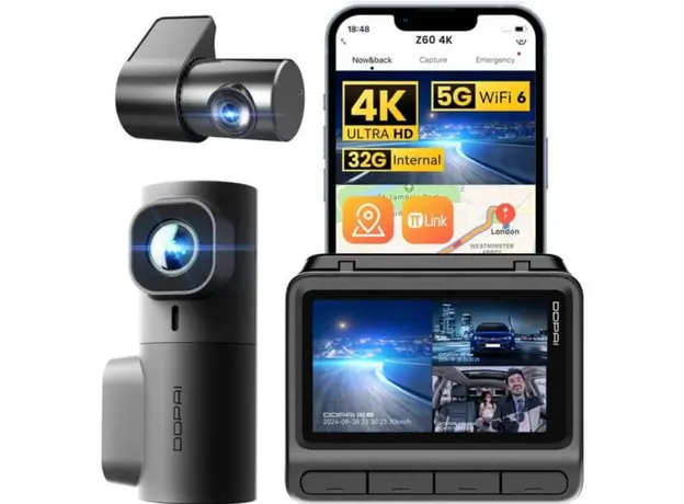 Car video recorder DDPAI Z60T, 140°, 4K UHD, WIFI, GPS, Bluetooth, Three-Channel Dashcam, Black
