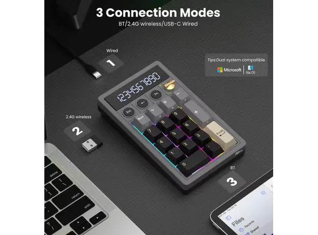 Royal Kludge RKM20-PT-YXZ RGB Mechanical Numpad, Violet Switch, Hot Swappable, Wireless, Type-C, Bluetooth, 2.4GHz, Phantom, 4 image