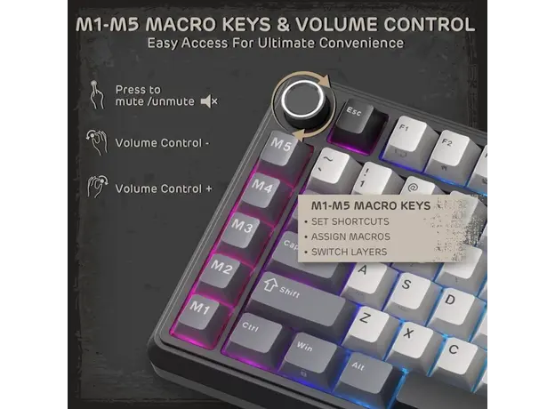Royal Kludge RKL75-KB-XW RGB Mechanical Keyboard, Beige Switch, Hot Swappable, Wireless, Type-C, Bluetooth, 2.4GHz, Knight Black, 7 image
