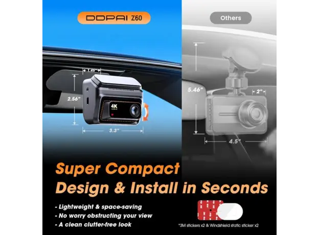 Car video recorder DDPAI Z60T, 140°, 4K UHD, WIFI, GPS, Bluetooth, Three-Channel Dashcam, Black, 3 image