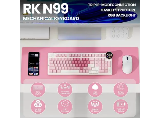 Royal Kludge RKN99-PM-XH RGB Mechanical Keyboard, Cream Switch, Hot Swappable, Wireless, Type-C, Bluetooth, 2.4GHz, Pink Melody, 6 image