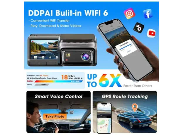 Car video recorder DDPAI Z60T, 140°, 4K UHD, WIFI, GPS, Bluetooth, Three-Channel Dashcam, Black, 2 image