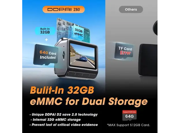 Car video recorder DDPAI Z60 2026 4K Dashcam 140°, WIFI GPS, Bluetooth Front and Rear Cam, Black, 5 image