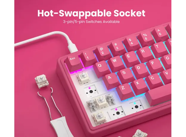 Royal Kludge RKR65-BR-XH RGB Mechanical Keyboard, Cream Switch, Hot Swappable, Wired, USB, Berry Red, 7 image