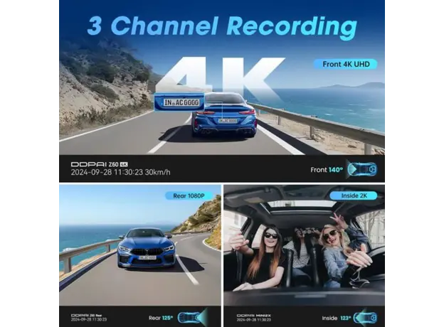 Car video recorder DDPAI Z60T, 140°, 4K UHD, WIFI, GPS, Bluetooth, Three-Channel Dashcam, Black, 6 image