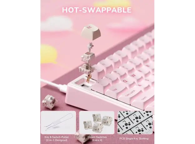 Royal Kludge RKR75-PM-XW RGB Mechanical Keyboard, Beige Switch, Hot Swappable, Wired, USB, Pink Melody, 4 image