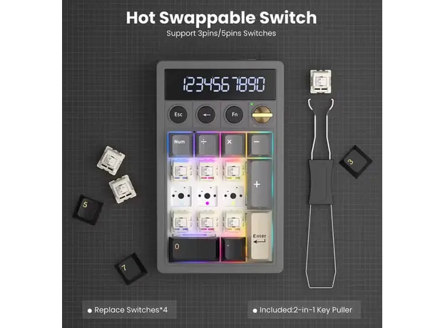 Royal Kludge RKM20-PT-YXZ RGB Mechanical Numpad, Violet Switch, Hot Swappable, Wireless, Type-C, Bluetooth, 2.4GHz, Phantom, 5 image