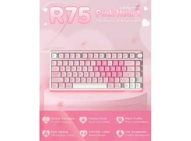 Royal Kludge RKR75-PM-XW RGB Mechanical Keyboard, Beige Switch, Hot Swappable, Wired, USB, Pink Melody, 7 image
