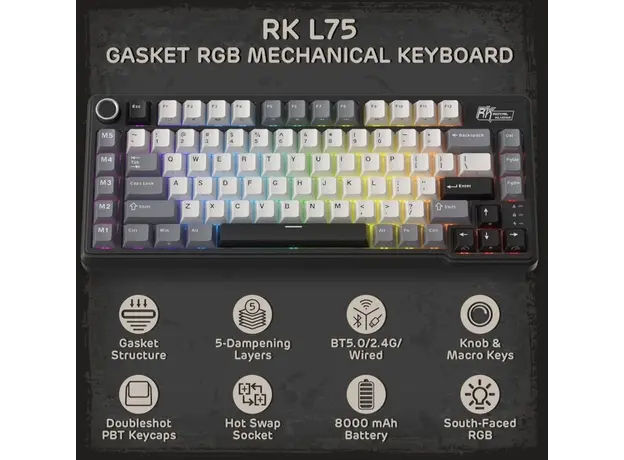Royal Kludge RKL75-KB-XW RGB Mechanical Keyboard, Beige Switch, Hot Swappable, Wireless, Type-C, Bluetooth, 2.4GHz, Knight Black, 4 image