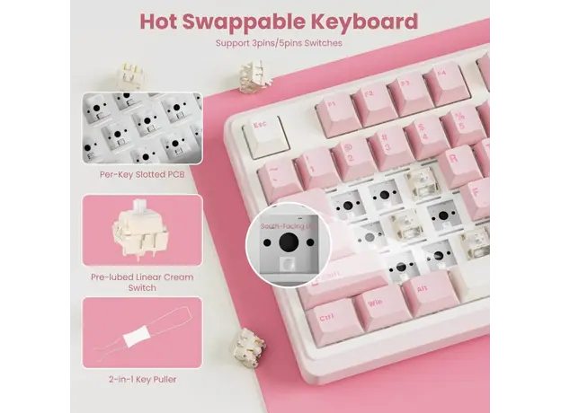 Royal Kludge RKN99-PM-XH RGB Mechanical Keyboard, Cream Switch, Hot Swappable, Wireless, Type-C, Bluetooth, 2.4GHz, Pink Melody, 3 image