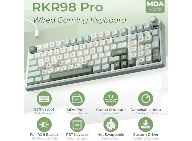 Royal Kludge RKR98PRO-SK-XW RGB Mechanical Keyboard, Beige Switch, Hot Swappable, Wired, Sky Cyan, 6 image