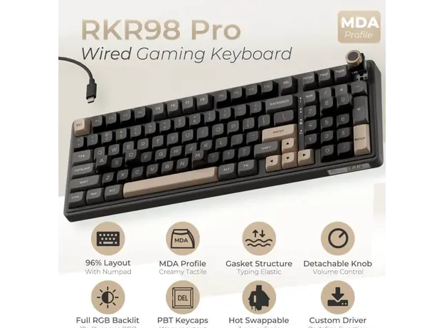 Royal Kludge RKR98PRO-PT-XW RGB Mechanical Keyboard, Beige Switch, Hot Swappable, Wired, Phantom, 7 image