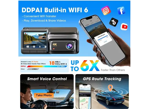 Car video recorder DDPAI Z60 2026 4K Dashcam 140°, WIFI GPS, Bluetooth Front and Rear Cam, Black, 8 image