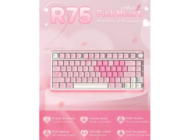 Royal Kludge RKR75-PM-XH RGB Mechanical Keyboard, Cream Switch, Hot Swappable, Wired, USB, Pink Melody, 11 image