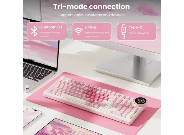 Royal Kludge RKN99-PM-XH RGB Mechanical Keyboard, Cream Switch, Hot Swappable, Wireless, Type-C, Bluetooth, 2.4GHz, Pink Melody, 5 image