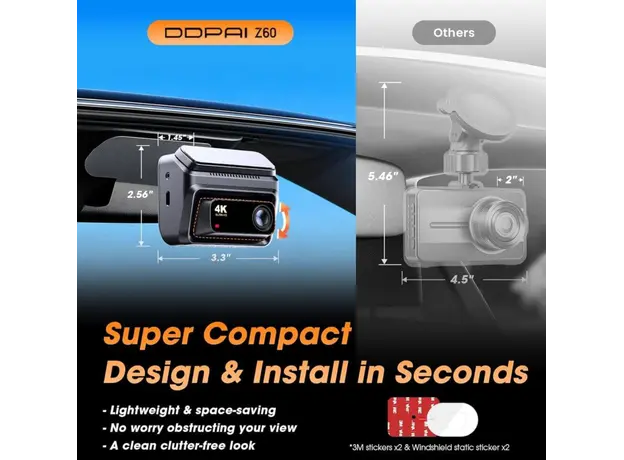 Car video recorder DDPAI Z60 2026 4K Dashcam 140°, WIFI GPS, Bluetooth Front and Rear Cam, Black, 4 image