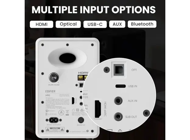Edifier M90 Speakers, 100W, HDMI eARC, Optical, Type-C, AUX, Bluetooth, Compact Active Speaker, White, 8 image